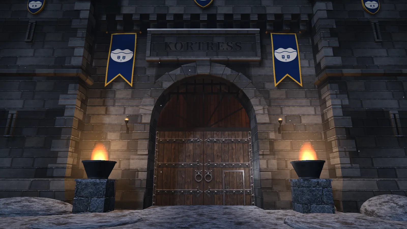 The gate of Kortress on a snowy night, guarded by navy sigil banners and braziers