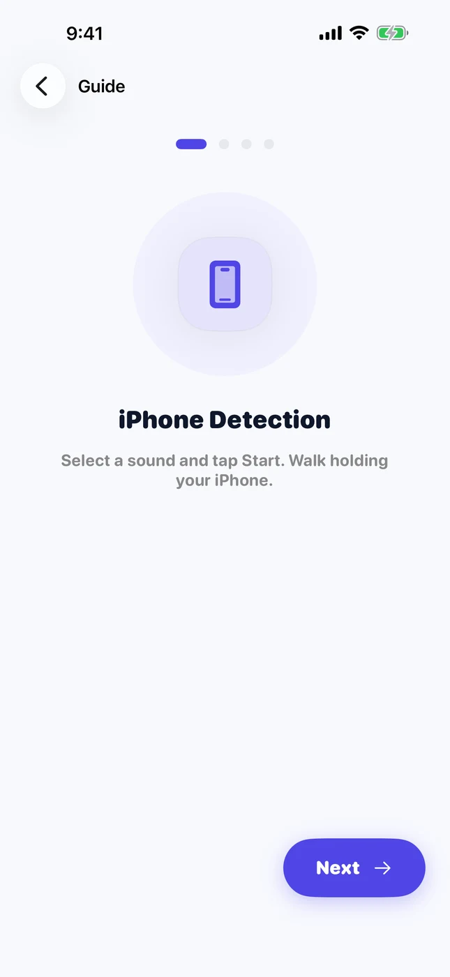 Guide screen: iPhone Detection, select a sound and tap Start