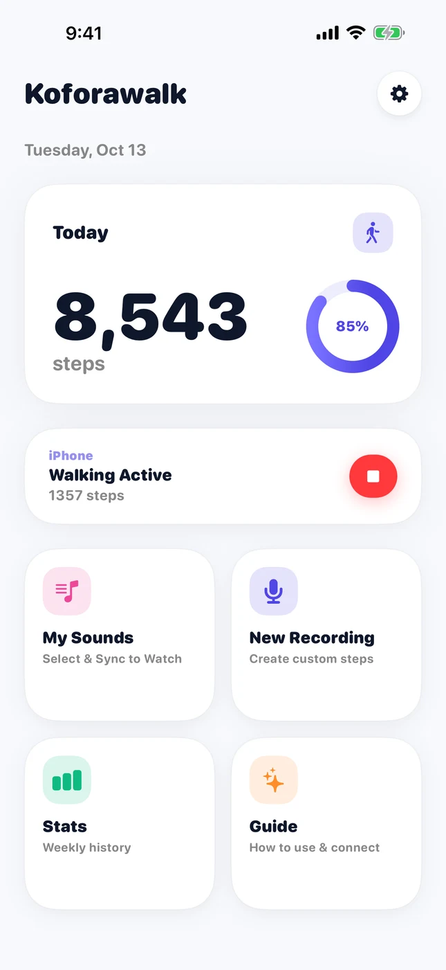 iPhone home screen: 8,543 steps today and an active walk at 1,357 steps