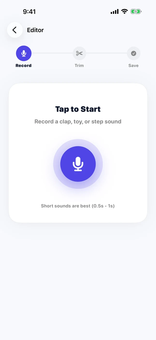 Sound editor: Record, Trim, Save, with a microphone button