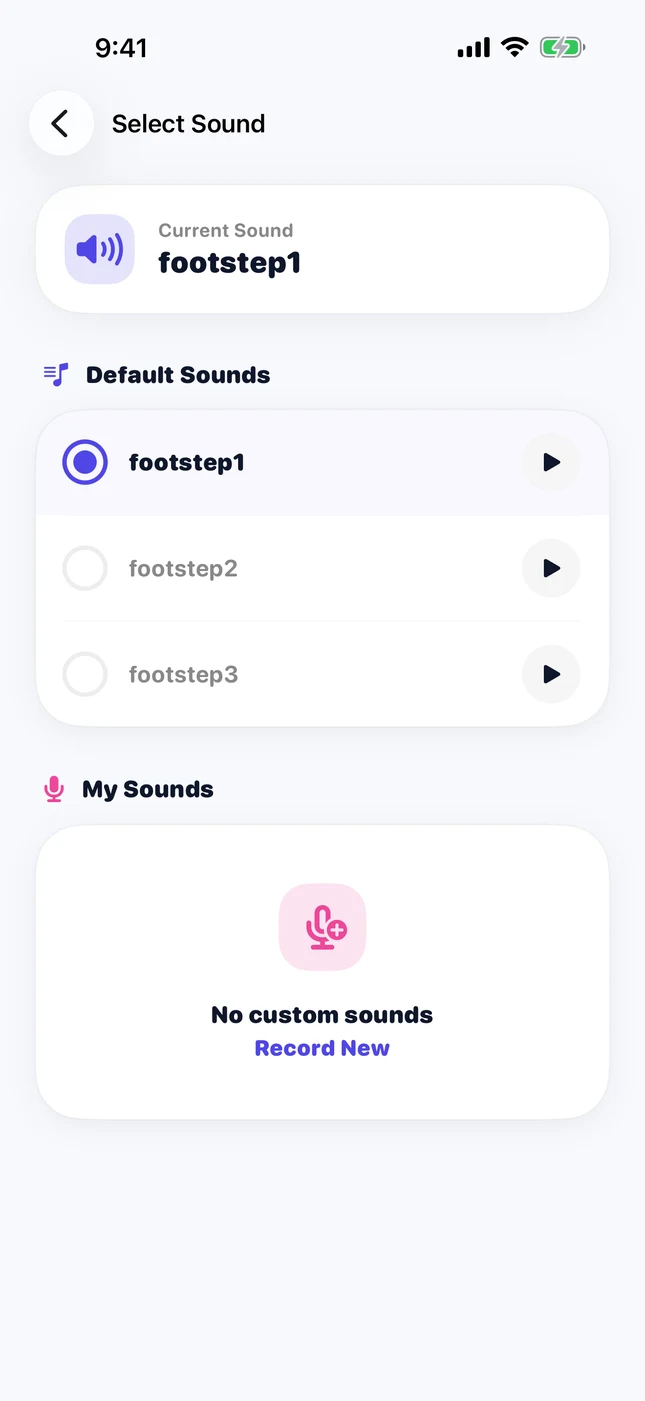 Select Sound screen with default footsteps and a My Sounds list
