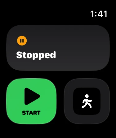 Koforawalk on Apple Watch: Stopped, with a green Start button