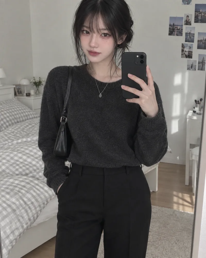 검정 니트와 검정 팬츠 차림의 거울 셀카