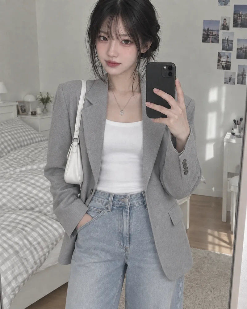 회색 재킷과 연청 데님으로 바꾼 리스타일 결과