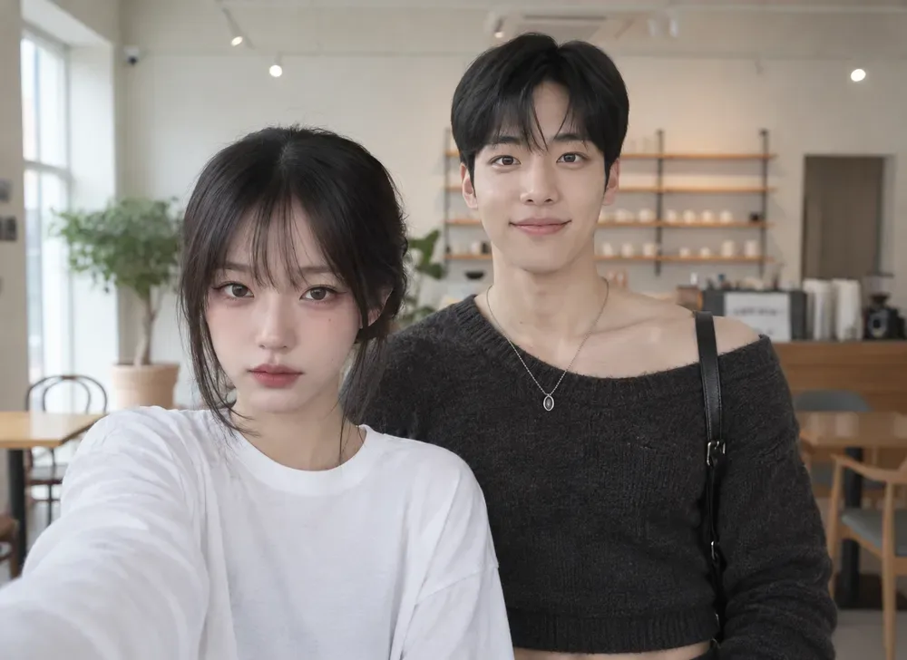 옷을 바꾼 결과. 여자는 흰 티셔츠, 남자는 검은 니트
