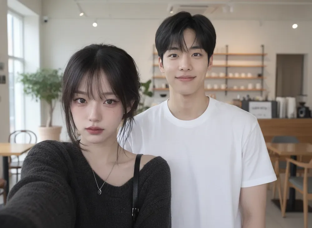 카페에서 나란히 찍은 두 사람. 여자는 검은 니트, 남자는 흰 티셔츠