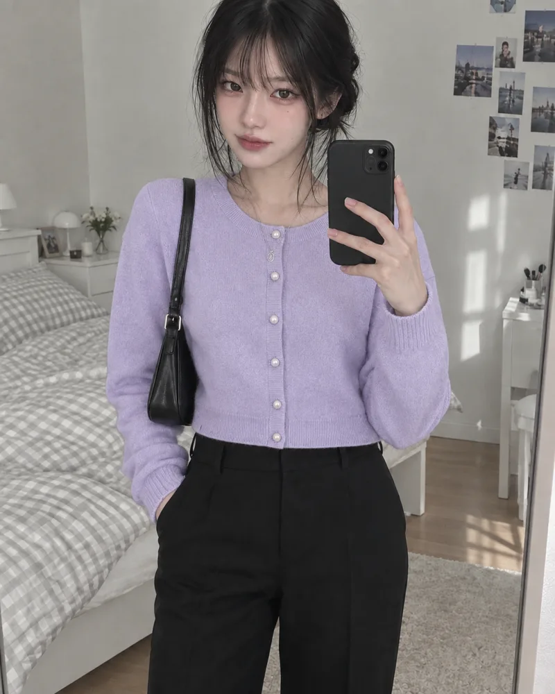 연보라 가디건을 입힌 가상 피팅 결과
